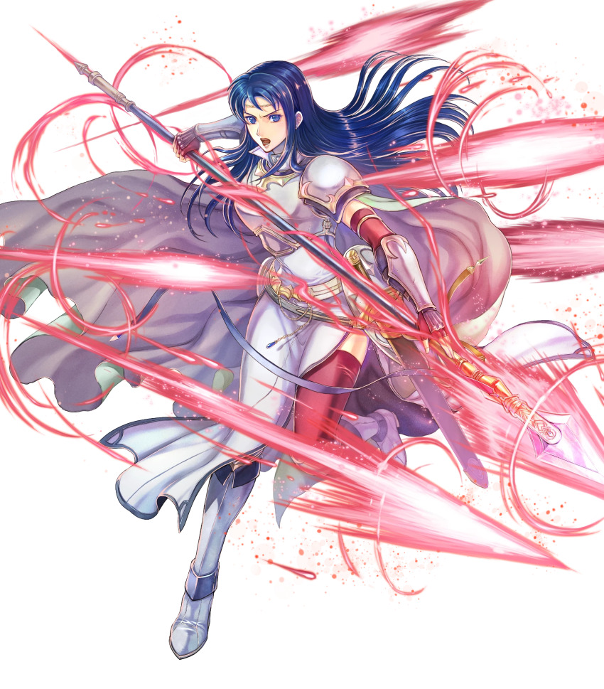 1girl armor blue_eyes blue_hair breastplate cape elbow_gloves fire_emblem fire_emblem:_the_blazing_blade fire_emblem_heroes gloves highres holding holding_polearm holding_weapon isadora_(fire_emblem) long_hair nintendo non-web_source official_art pelvic_curtain polearm shoulder_armor solo sword takaya_tomohide vambraces weapon white_cape