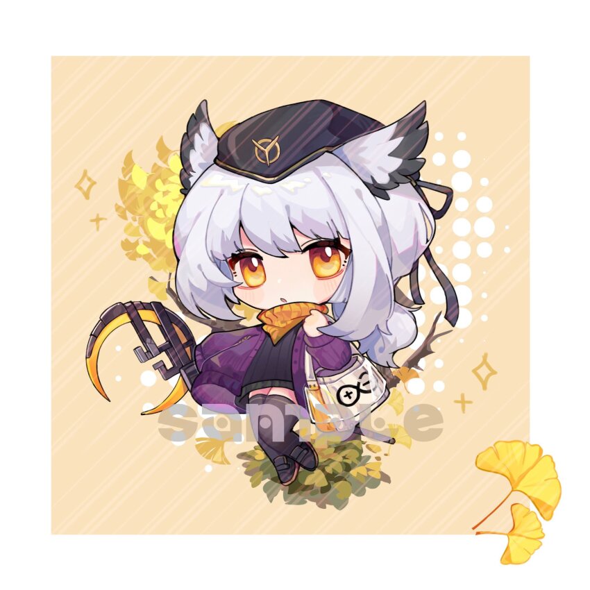 1girl :o arknights bag black_dress black_footwear black_hat black_thighhighs blush border cardigan chibi commentary dress ginkgo_leaf grey_hair hat highres holding holding_staff leaf long_hair looking_at_viewer nitrogen_owo orange_scarf owl_ears ptilopsis_(arknights) ptilopsis_(serenity)_(arknights) purple_cardigan rhine_lab_logo sample_watermark scarf simple_background solo staff symbol-only_commentary thighhighs watermark yellow_background yellow_eyes