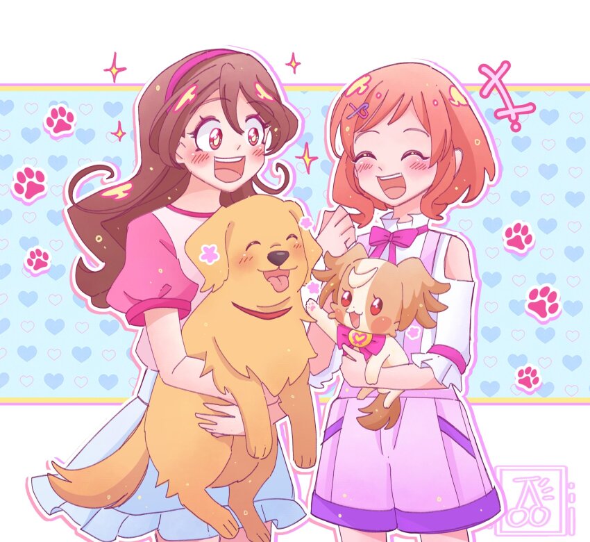 2girls :3 :d ^_^ animal artist_logo bare_shoulders blue_background blue_shorts blush blush_stickers border bow bright_pupils brown_fur brown_hair cherrieflavors closed_eyes clothing_cutout commentary cowboy_shot dog dot_nose double-parted_bangs facing_another frilled_shirt frilled_sleeves frills hair_ornament hairband hairclip happy heart heart_background heart_hair_ornament highres holding holding_animal holding_dog in-franchise_crossover inukai_iroha inukai_komugi inukai_komugi_(dog) kimi_to_idol_precure kyuutarou_(precure) logo long_hair looking_at_another multicolored_fur multiple_dogs multiple_girls neck_ribbon notice_lines open_mouth orange_hair outline outside_border papillon_(dog) paw_print paw_print_background paw_up pink_bow pink_hair pink_hairband pink_ribbon pink_shirt precure puffy_short_sleeves puffy_sleeves purple_shorts red_eyes ribbon sakura_uta_(precure) shirt short_hair_with_long_locks short_sleeves shorts shoulder_cutout side-by-side smile sparkle standing suspender_shorts suspenders tail teeth tongue tongue_out upper_teeth_only white_border white_outline white_shirt wonderful_precure! yellow_pupils