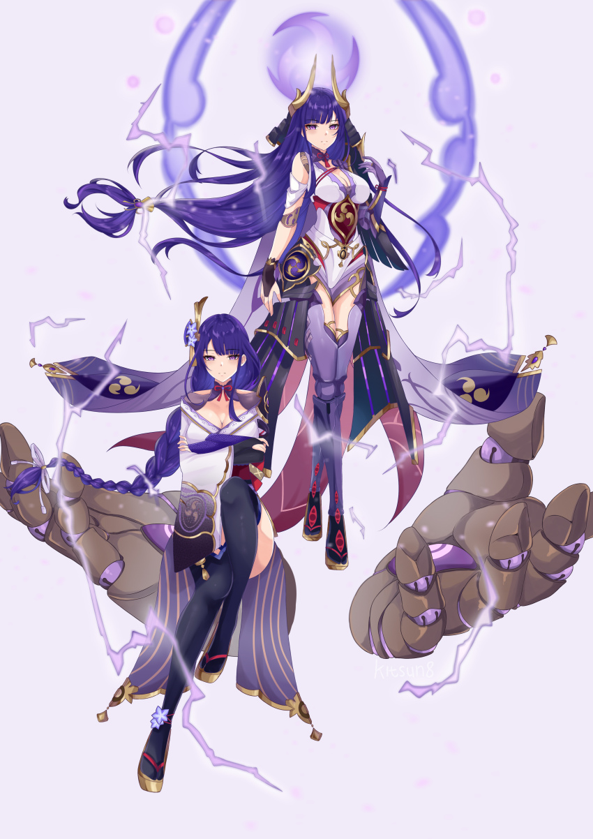 2girls absurdres ankle_flower armor artist_name braid breasts bridal_gauntlets choker cleavage crossed_arms disembodied_hand doll_joints dual_persona electricity expressionless floating flower full_body genshin_impact gold_trim hair_flower hair_ornament highres japanese_clothes joints kimono kitsun8 large_breasts leotard long_hair looking_at_viewer low-braided_long_hair low-tied_long_hair magic_circle mitsudomoe_(shape) mole mole_under_eye multiple_girls obi obiage obijime official_alternate_costume pauldrons purple_background purple_eyes purple_flower purple_hair purple_kimono purple_leotard purple_thighhighs raiden_shogun raiden_shogun_(magatsu_mitake_narukami_no_mikoto) red_ribbon ribbon ribbon_choker sandals sash serious shoulder_armor shrug_(clothing) signature simple_background single_braid single_pauldron sitting standing tassel thighhighs tomoe_(symbol) very_long_hair