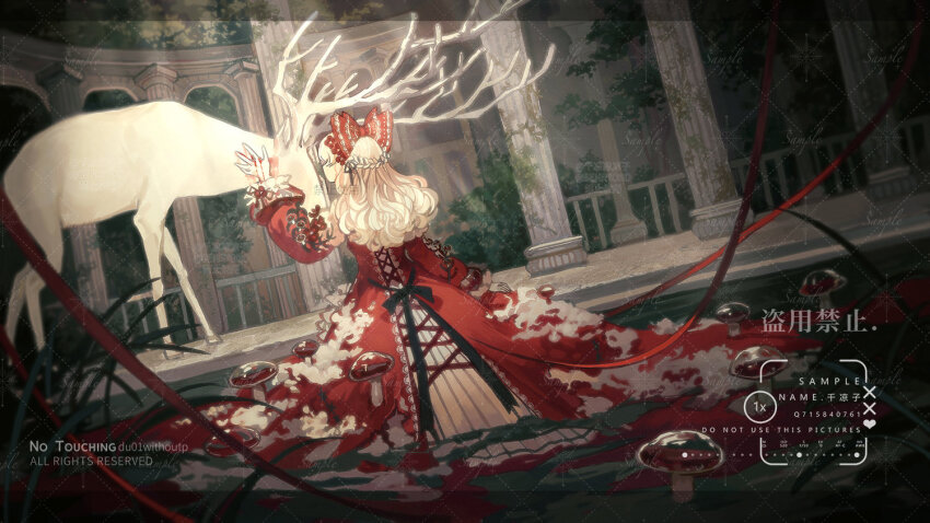 1girl back_bow bare_shoulders black_bow black_ribbon blood blood_drip blood_on_hands bow braid bush chinese_commentary clothing_cutout commentary_request commission cross-laced_clothes cross-laced_dress deer dress frilled_bow frills from_behind full_body gazebo gown hair_bow hair_ribbon half_up_half_down_braid injury kneeling layered_dress light_rays long_dress long_sleeves mushroom original outdoors pale_skin petting pointy_nose red_bow red_dress red_ribbon ribbon ripples sample_watermark senryoko shoulder_cutout sitting_on_water solo sunlight watermark watermark_grid wavy_hair white_dress white_hair