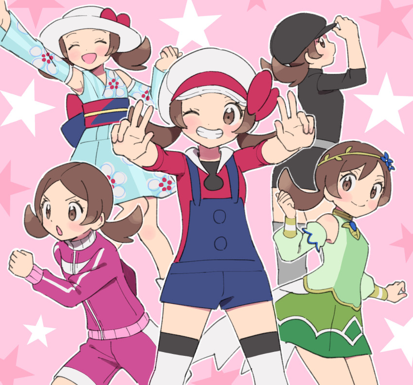 5girls black_hat black_skirt blue_kimono blue_overalls bow brown_eyes brown_hair commentary_request creatures_(company) detached_sleeves double_w dress game_freak green_dress green_headband grin hat hat_bow headband highres jacket japanese_clothes kimono long_sleeves lyra_(pokemon) lyra_(summer_2020)_(pokemon) lyra_(sygna_suit)_(pokemon) miniskirt multiple_girls multiple_persona nintendo open_mouth overalls pink_jacket pink_shorts pokemon pokemon_hgss pokemon_masters_ex puffy_long_sleeves puffy_sleeves pumpkinpan red_shirt shirt short_kimono shorts skirt smile team_rocket team_rocket_uniform track_jacket twintails v-shaped_eyebrows w white_hat