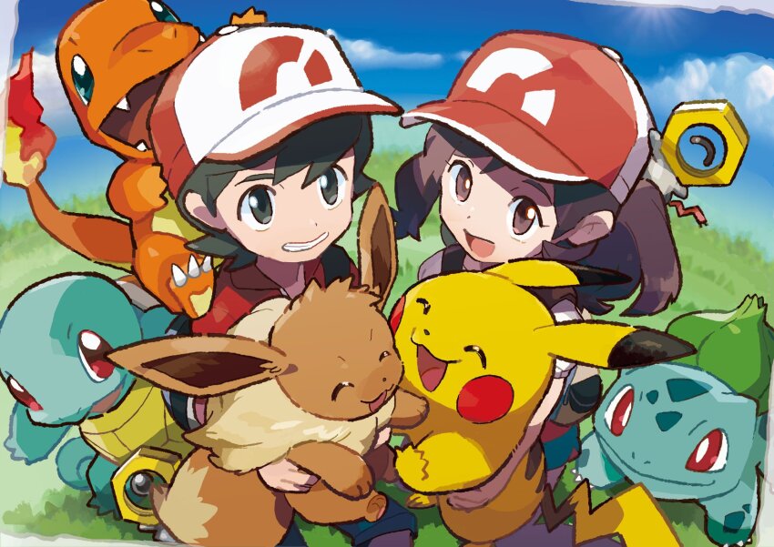 1boy 1girl baseball_cap black_eyes black_hair blue_sky brown_eyes brown_hair bulbasaur charmander chase_(pokemon) commentary_request copyright_name dated day eevee elaine_(pokemon) fire flame-tipped_tail gen_1_pokemon gen_7_pokemon grass hat highres meltan mizutani_megumi mythical_pokemon nintendo official_art outdoors pikachu pokemon pokemon_(creature) pokemon_lgpe ponytail release_date sidelocks sky smile squirtle starter_pokemon_trio tail third-party_source