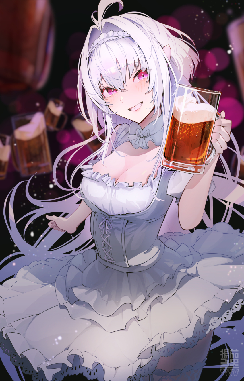 1girl absurdres age_nasuo ahoge alcohol bare_shoulders beer beer_mug breasts cleavage cleavage_cutout clothing_cutout corset cup dirndl dress fate/grand_order fate_(series) german_clothes grin highres lady_avalon_(event_portrait)_(fate) lady_avalon_(fate) long_hair looking_at_viewer medium_breasts merlin_(fate/prototype) mug pointy_ears purple_eyes smile solo white_dress white_hair
