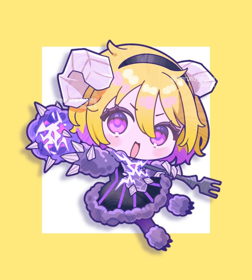 1girl black_dress black_hairband blonde_hair chibi don_quixote_(project_moon) dress e.g.o_(project_moon) electric_screaming_(e.g.o) electricity full_body hairband highres holding holding_weapon horns limbus_company looking_at_viewer moruno_mgmg multicolored_hair open_mouth pantyhose project_moon purple_eyes purple_hair purple_pantyhose sheep_horns short_hair simple_background smile solo streaked_hair weapon yellow_background