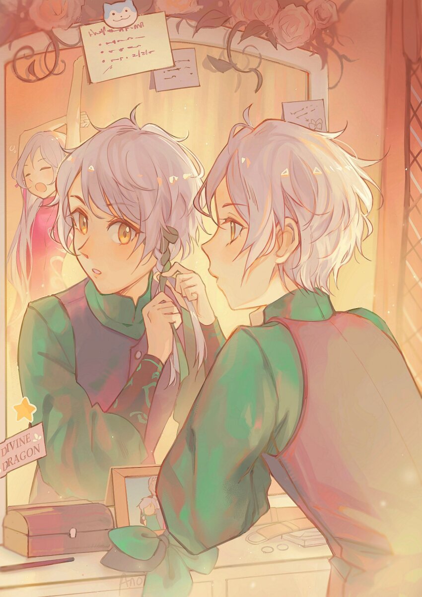 1boy 1girl :o adjusting_hair alternate_hairstyle anocurry arms_up braid brother_and_sister clanne_(fire_emblem) closed_eyes fire_emblem fire_emblem_engage flower framme_(fire_emblem) grey_hair highres long_hair long_sleeves looking_at_mirror mirror multicolored_hair nintendo open_mouth ribbon scarf short_hair siblings sommie_(fire_emblem) stretching table twins two-tone_hair yawning yellow_eyes