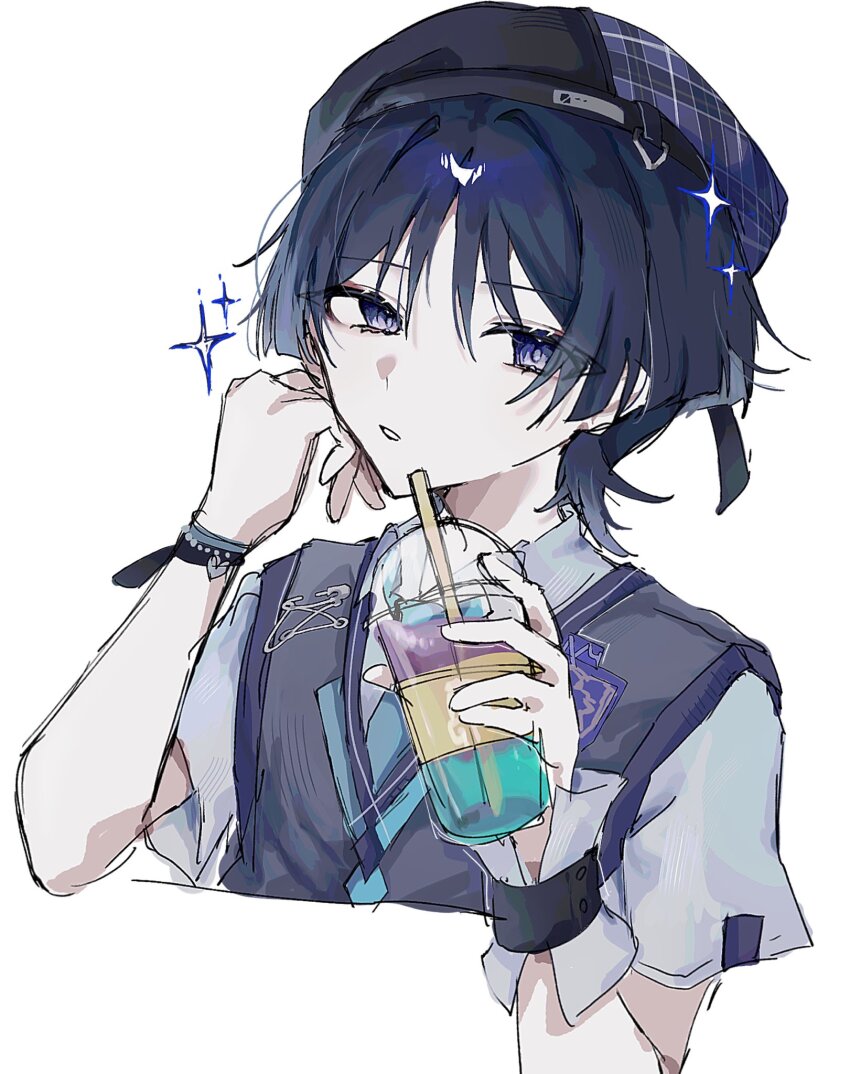 1boy alternate_costume aqua_necktie aqua_trim bead_bracelet beads beret black_eyes black_hair black_hat blunt_ends bracelet coffee cropped_torso cup curled_fingers disposable_cup drinking_straw emblem genshin_impact grey_sweater grey_trim hand_on_own_face hand_up hat heart highres holding holding_cup iced_coffee jewelry looking_at_viewer male_focus necktie official_alternate_costume open_mouth scaramouche_(genshin_impact) shirt short_sleeves sideways_glance sketch solo sweater sweater_vest wanderer_(genshin_impact) wanderer_(mega_mgc_coffee)_(genshin_impact) white_background white_shirt white_sleeves white_wrist_cuffs wrist_cuffs yuzu_01_20
