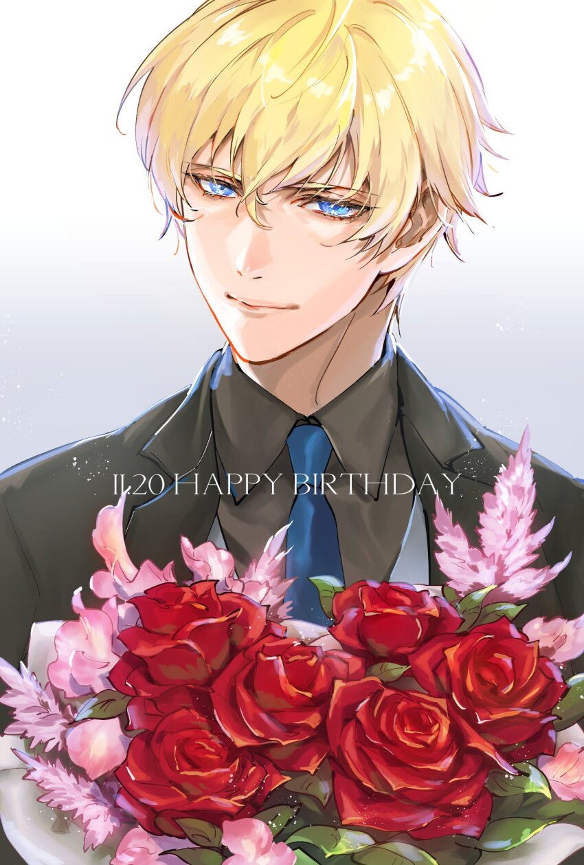 1boy black_jacket black_shirt blonde_hair blue_eyes blue_necktie bouquet closed_mouth collared_shirt commentary_request dated english_text flower guilty_gear hair_between_eyes happy_birthday head_tilt highres jacket kin_mokusei ky_kiske lapels light_smile male_focus necktie pink_flower red_flower red_rose rose shirt short_hair simple_background suit_jacket upper_body white_background wing_collar