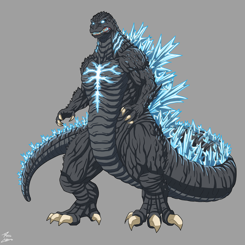 bioluminescence claws clenched_teeth elbow_spikes fangs full_body giant giant_monster glowing glowing_eyes glowing_mouth godzilla godzilla_(series) highres jaw kaiju long_tail monster no_humans phil-cho sharp_teeth spines tail teeth