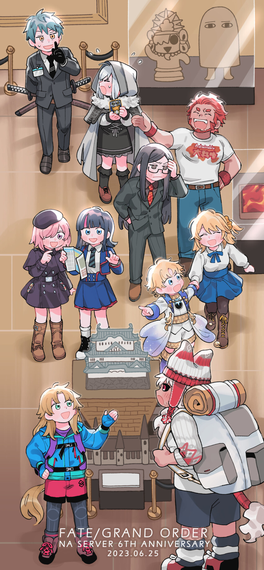 &gt;_&lt; 4girls 6+boys absurdres add_(fate) ahoge anniversary backpack bag bags_under_eyes beard belt black_belt black_footwear black_gloves black_hair black_jacket black_necktie black_pants black_sclera black_shirt black_shorts blue_eyes blue_gloves blue_jacket blue_ribbon blue_skirt blush boots brown_belt brown_eyes brown_footwear brown_hair brown_pantyhose cloak closed_eyes collared_shirt colored_sclera copyright_name covered_horns dated denim dot_nose facial_hair fate/grand_order fate_(series) finger_to_mouth fingerless_gloves frown fujimaru_ritsuka_(female) fujimaru_ritsuka_(female)_(anniversary_blonde) glasses gloves gray_(fate) green_eyes grey_hair grey_necktie hair_over_one_eye hand_on_own_forehead happy highres holding holding_hands holding_map hood hooded_cloak indoors iskandar_(fate) jacket jeans kneehighs lace-up_boots long_hair long_sleeves lord_el-melloi_ii map mash_kyrielight medjed_(fate) mini_nobu_(fate) multiple_boys multiple_girls multiple_swords museum necktie oda_nobunaga_(fate) one_side_up oneroom-disco open_mouth orange_scrunchie pants pantyhose pink_eyes pink_hair pointing purple_bag red_eyes red_hair red_necktie ribbed_sweater ribbon saitou_hajime_(fate) scar scar_on_face scrunchie semi-rimless_eyewear shirt shoes short_hair shorts shushing skirt sleeping_bag sneakers socks surprised sweatdrop sweater t-shirt tail teeth thick_eyebrows upper_teeth_only utsumi_erice voyager_(fate) walking waver_velvet white_bag white_cloak white_shirt white_shorts white_socks white_sweater
