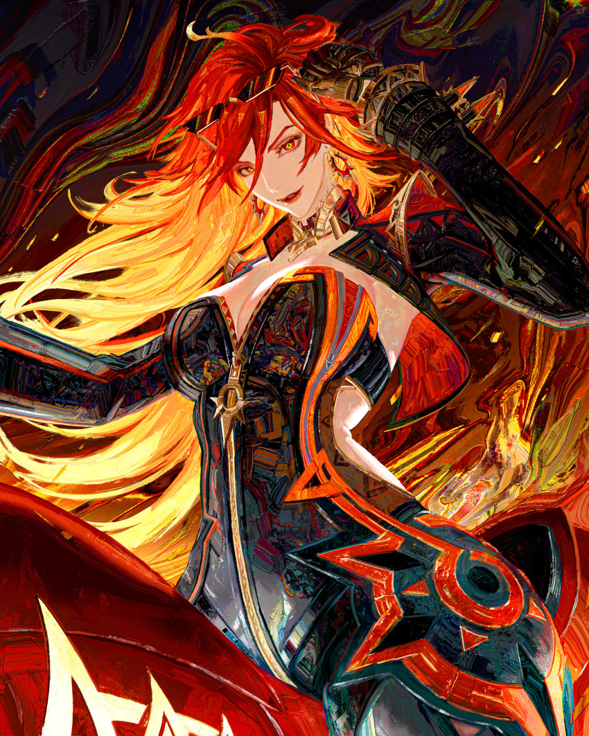 1girl biker_clothes bikesuit black_bodysuit black_gloves black_jacket bodysuit breasts cleavage clothing_cutout commentary cropped_jacket earrings flowersbloodart genshin_impact gloves highres holding holding_removed_eyewear jacket large_breasts long_hair mavuika_(genshin_impact) motor_vehicle motorcycle on_motorcycle orange_eyes orange_hair orange_pupils parted_lips red_hair side_cutout solo sun_earrings symbol_in_eye unworn_eyewear wide_sleeves zipper zipper_pull_tab