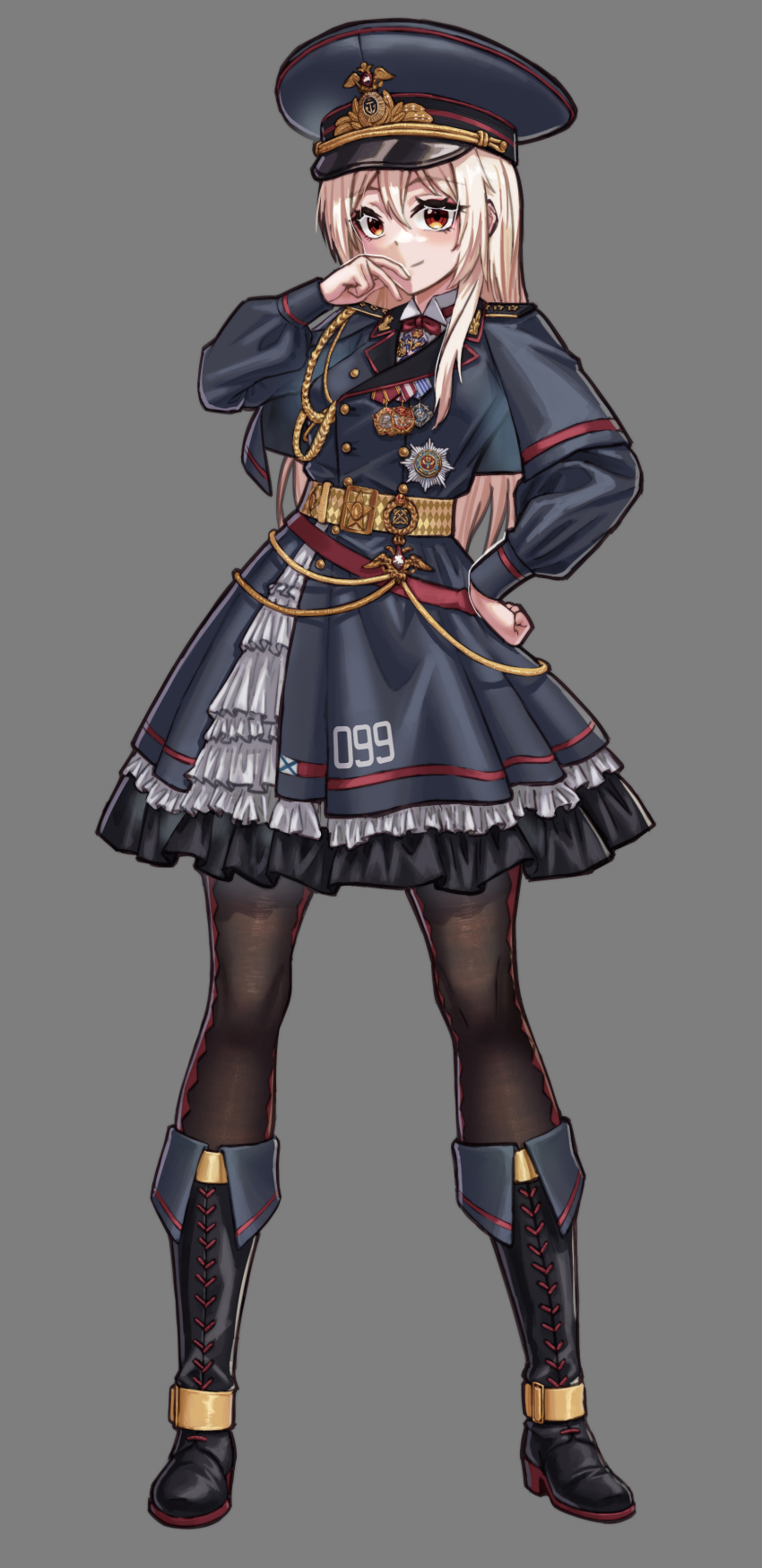 absurdres ankle_boots belt black_pantyhose blonde_hair boots bow bowtie brown_eyes epaulettes hat highres huihuang_rongyao knee_boots long_hair mecha_musume medal military military_uniform original pantyhose peaked_cap personification pleated_skirt russia skirt