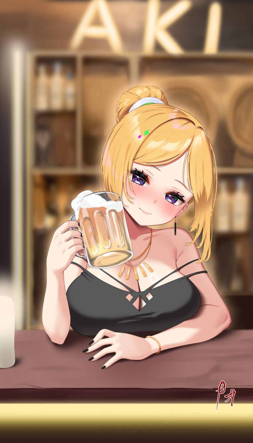 1girl absurdres aki_rosenthal alcohol alternate_costume alternate_hairstyle armpit_crease bare_arms bare_shoulders beer black_nails black_shirt blonde_hair blurry blurry_background blush bracelet breasts character_name cleavage cleavage_cutout closed_mouth clothing_cutout commentary cup double_strap_slip earrings hair_bun hand_up head_tilt highres holding holding_cup hololive indoors jewelry large_breasts light_smile looking_at_viewer nail_polish necklace parted_bangs purple_eyes shirt short_hair single_hair_bun sleeveless sleeveless_shirt solo straight-on strap_slip tasty_(dudwofla) tavern virtual_youtuber