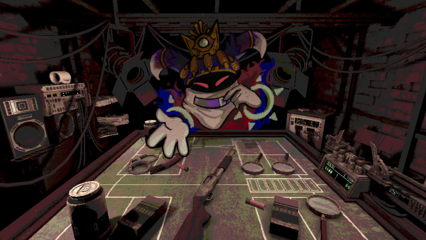 boombox buckshot_roulette can cigarette_pack crown cuffs drink_can gloves gun highres homriette horns indoors kirby&#039;s_return_to_dream_land kirby_(series) looking_at_viewer magnifying_glass magolor master_crown nintendo rayman_limbs screenshot_background shotgun traitor_magolor weapon white_gloves