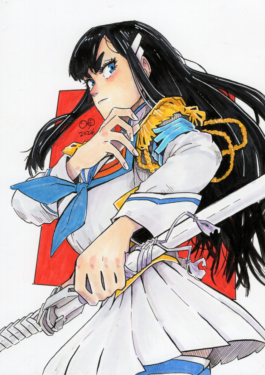 1girl 2024 absurdres bakuzan black_hair blue_eyes commentary english_commentary epaulettes highres holding holding_sword holding_weapon junketsu kill_la_kill kiryuuin_satsuki long_hair mixed-language_commentary solo sword thick_eyebrows traditional_media weapon youngno