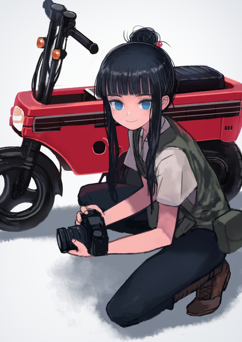 1girl belt_pouch black_hairband black_pants blue_eyes blunt_bangs boots brown_boots camera commentary green_vest hair_bun hair_ornament hair_strand hair_up hairband highres holding holding_camera honda_motocompo kaneni kino_no_tabi long_hair messy_hair minibike motor_vehicle motorcycle no_pupils noped pants photo_(kino_no_tabi) pouch shadow shirt short_sleeves sidelocks single-lens_reflex_camera single_hair_bun smile solo sou_(kino_no_tabi) squatting vest white_background white_shirt