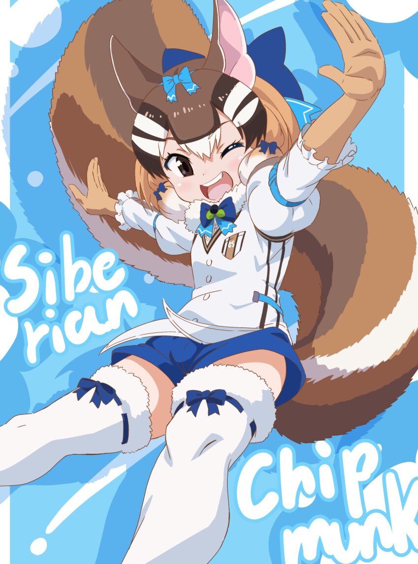 1girl animal_ears blue_background brown_eyes brown_hair chipmunk_ears chipmunk_girl chipmunk_tail elbow_gloves extra_ears gloves highres kemono_friends kemono_friends_v_project looking_at_viewer microphone one_eye_closed ribbon shirt short_hair shorts siberian_chipmunk_(kemono_friends) simple_background solo tail thighhighs vest virtual_youtuber yamaguchi_yoshimi