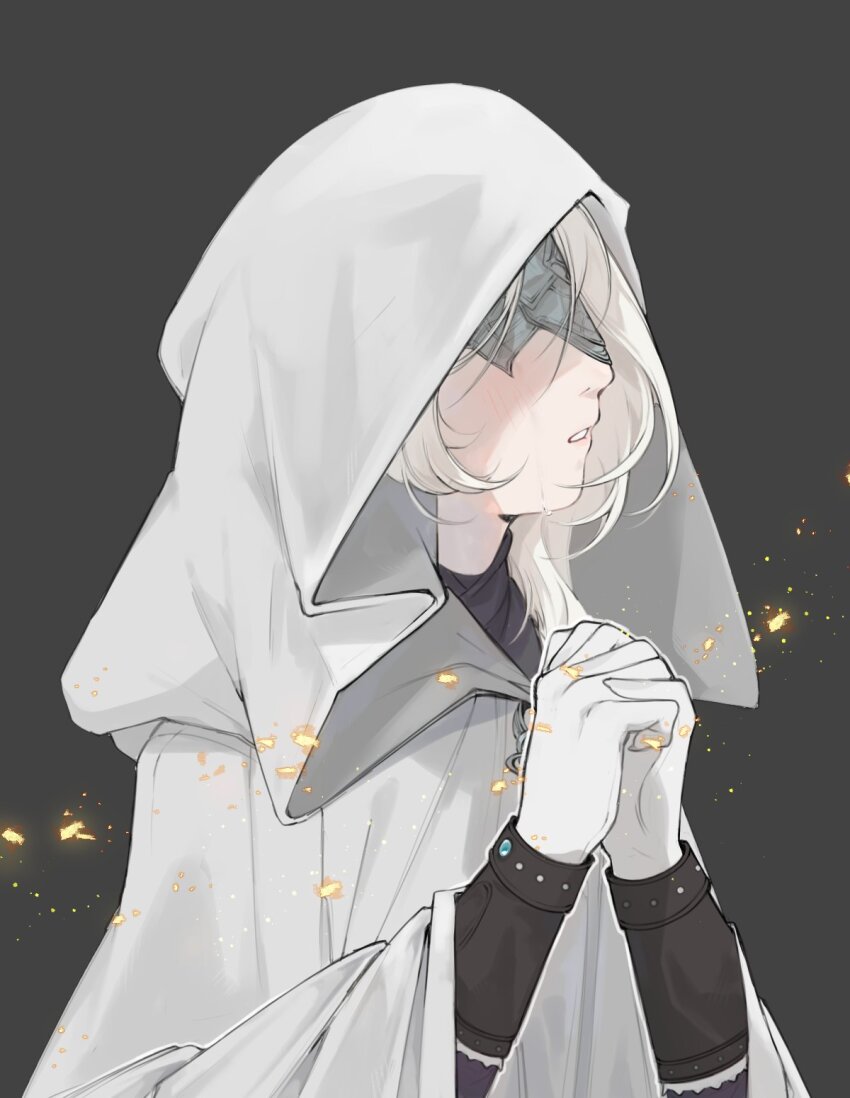 1girl aniimoni1 blindfold blonde_hair character_request commentary crying elden_ring elden_ring_nightreign embers english_commentary grey_background highres hooded_robe own_hands_clasped own_hands_together parted_lips robe simple_background solo streaming_tears tears white_robe