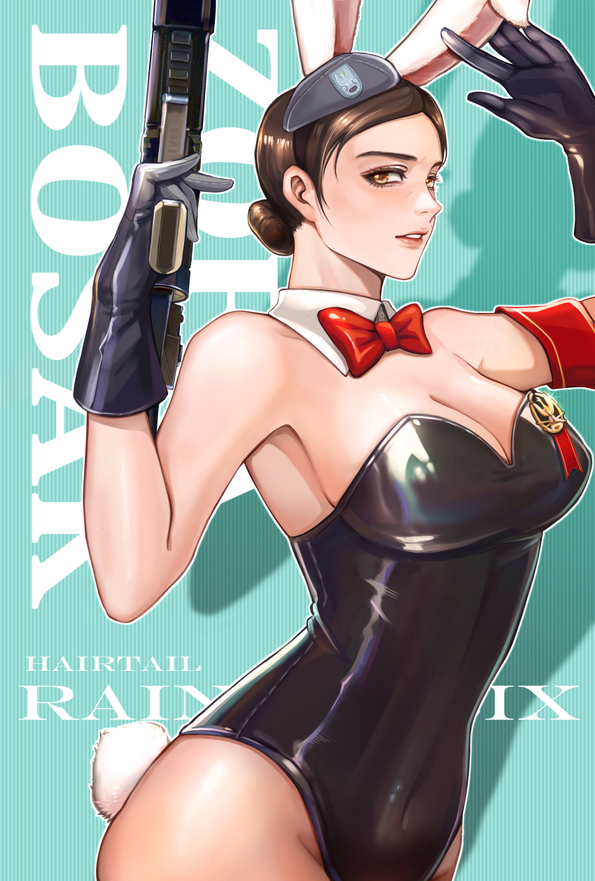 1girl absurdres animal_ears armband black_gloves bow bowtie breasts brown_eyes brown_hair cleavage covered_navel detached_collar fake_animal_ears fake_tail gloves gun hairtail hat highres holding holding_gun holding_weapon leotard medal playboy_bunny rainbow_six rainbow_six_siege red_bow red_bowtie solo tail weapon zofia_(rainbow_six_siege)