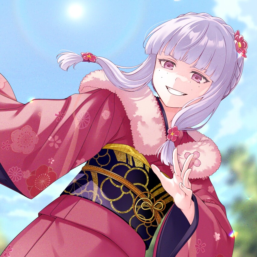 1girl agria_(new_year)_(tales) agria_(tales) blunt_bangs braid commission e_(eokiba) floral_print flower flower_pin freckles fur-trimmed_kimono fur_trim hair_flower hair_ornament highres japanese_clothes kimono long_hair obijime outdoors purple_eyes red_kimono sidelocks smile solo solo_focus sun tales_of_(series) tales_of_asteria tales_of_xillia torii white_hair