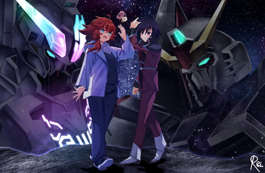 1boy 1girl aqua_eyes artist_name black_hair cellphone commentary crossover destiny_gundam english_commentary flip_phone glowing green_eyes gundam gundam_calibarn gundam_seed gundam_seed_destiny gundam_suisei_no_majo highres long_hair low_ponytail mecha mobile_suit phone ponytail red_eyes red_hair reiei_8 robot shinn_asuka short_hair sky star_(sky) starry_sky suletta_mercury thick_eyebrows v-fin