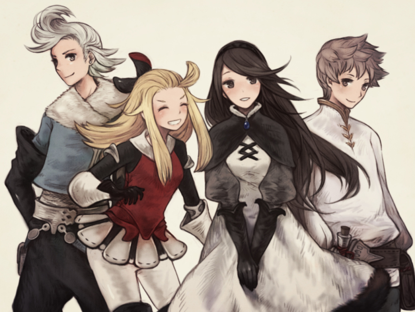 2girls agnes_oblige ahoge blonde_hair bow bravely_default:_flying_fairy bravely_default_(series) breasts brown_hair chizu_(fiute) closed_mouth dress edea_lee elbow_gloves gloves hair_bow long_hair looking_at_viewer multiple_boys multiple_girls open_mouth ringabel simple_background smile tiz_arrior
