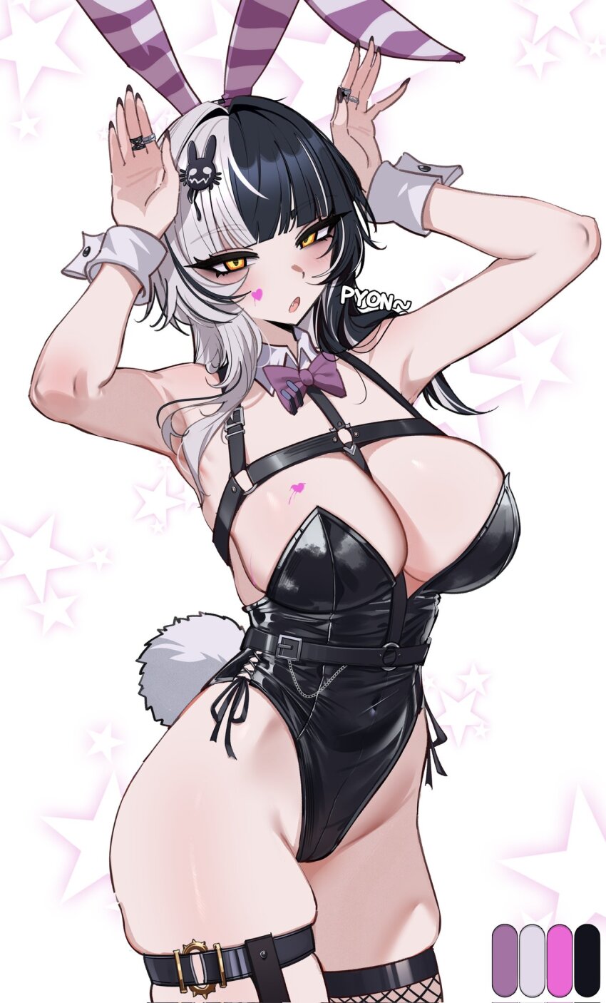 1girl alternate_costume animal_ear_hairband animal_ears black_hair black_leotard black_nails bow bowtie breasts character_hair_ornament color_guide doujenrad facial_mark fake_animal_ears fake_tail hair_ornament hairband heart heart_facial_mark highleg highleg_leotard highres hololive hololive_english jewelry large_breasts leotard long_hair looking_at_viewer multicolored_hair playboy_bunny purple_bow purple_bowtie rabbit_ears rabbit_tail ring shiori_novella skindentation solo split-color_hair star_(symbol) star_symbol_background tail two-tone_hair virtual_youtuber white_background white_hair wrist_cuffs yellow_eyes