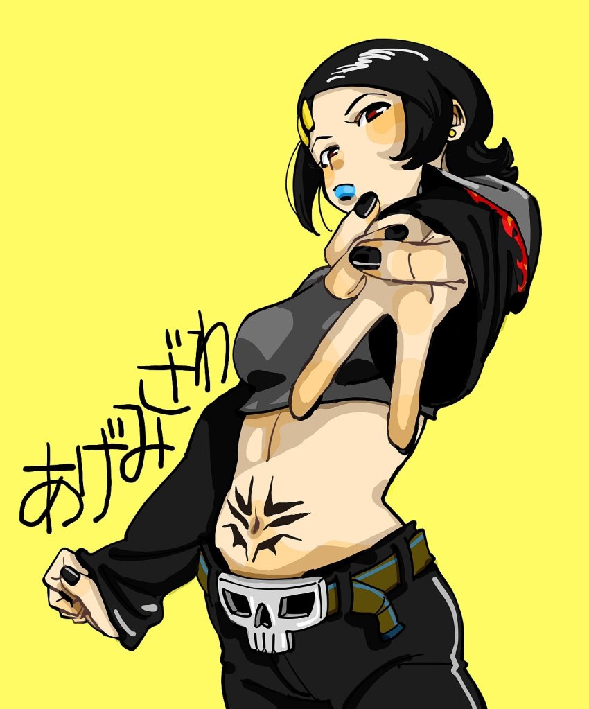 1girl belt black_hair cube_(jsr) hair_ornament hairpin highres jet_set_radio lipstick makeup midriff nail_polish navel sega short_hair stomach_tattoo tanosigto3 tattoo