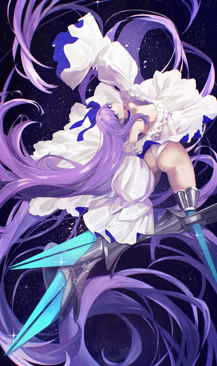 1girl adapted_costume armored_boots ass bare_shoulders blue_eyes blue_ribbon blush boots breasts choker dress fate/grand_order fate_(series) frills hair_ribbon highres long_hair long_sleeves looking_at_viewer looking_back meltryllis_(fate) meltryllis_(third_ascension)_(fate) off_shoulder prosthesis prosthetic_leg purple_hair ribbon sleeves_past_fingers sleeves_past_wrists small_breasts smile solo untue very_long_hair white_dress