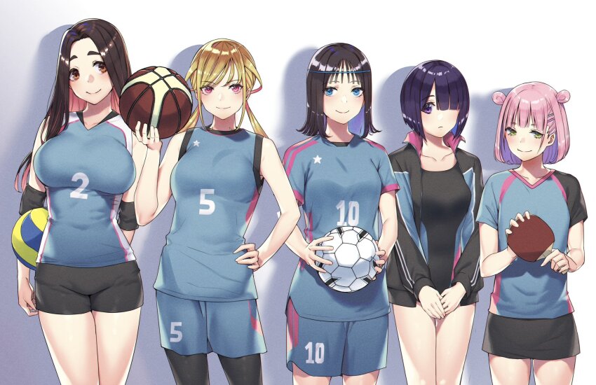 5girls ball bare_arms bare_shoulders basketball_(object) black_one-piece_swimsuit black_shorts black_skirt blonde_hair blue_eyes blue_hair blue_shirt blue_shorts blunt_bangs breasts brown_eyes brown_hair closed_mouth colored_inner_hair commentary_request cowboy_shot elbow_pads green_eyes hair_over_one_eye hand_on_own_hip highres holding holding_ball holding_table_tennis_paddle hongou_miyuki jacket jersey kitahara_aoba kusunoki_aroma large_breasts lineup long_hair looking_at_viewer medium_breasts medium_hair multicolored_hair multiple_girls one-piece_swimsuit open_clothes open_jacket pink_hair purple_eyes purple_hair red_hair sawaranaide_kotesashi-kun sayamagaoka_chiyo shadow shinjou_takuya shirt short_hair shorts skirt smile soccer_ball standing sumiyoshi_izumi swimsuit twintails volleyball_(object)