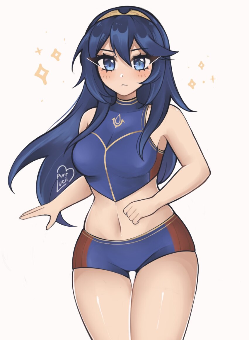 1girl armpit_peek artist_name bikini blue_bikini blue_eyes blue_hair blush breasts closed_mouth covered_collarbone crop_top eyebrows_hidden_by_hair fire_emblem fire_emblem_awakening fire_emblem_cipher gluteal_fold gold_hairband hair_between_eyes hairband highres long_hair looking_at_viewer luci_(purrlucii) lucina_(fire_emblem) medium_breasts navel nintendo official_alternate_costume short_shorts shorts signature sleeveless sleeveless_turtleneck solo sparkle standing swimsuit thighs turtleneck very_long_hair