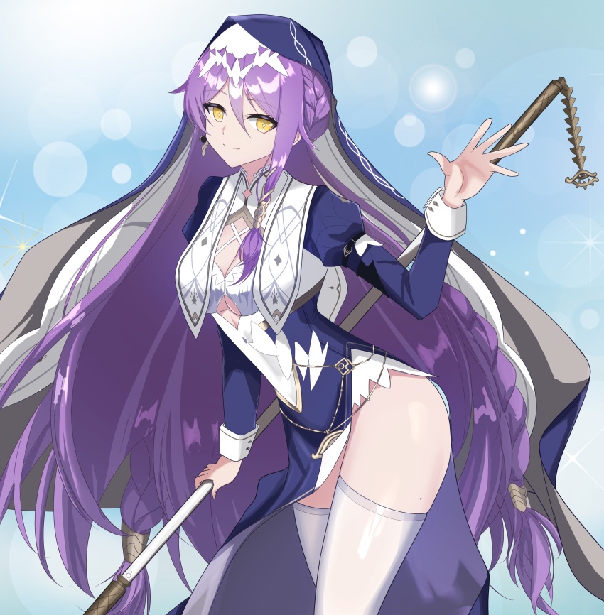 absurdres bad_anatomy bad_hands blue_background blue_veil blurry bokeh braid breasts cleavage cleavage_cutout clothing_cutout commentary counter:side depth_of_field diamond-shaped_pupils diamond_(shape) diffraction_spikes earrings eye_symbol hair_between_eyes highres holding holding_weapon jewelry juliet_sleeves leaning_forward light_smile long_hair long_sleeves long_veil looking_at_viewer lucia_ridge nun osunahanko puffy_sleeves purple_hair single_earring single_sidelock symbol-shaped_pupils thighhighs thighs underboob_cutout veil very_long_hair waving weapon white_thighhighs yellow_eyes