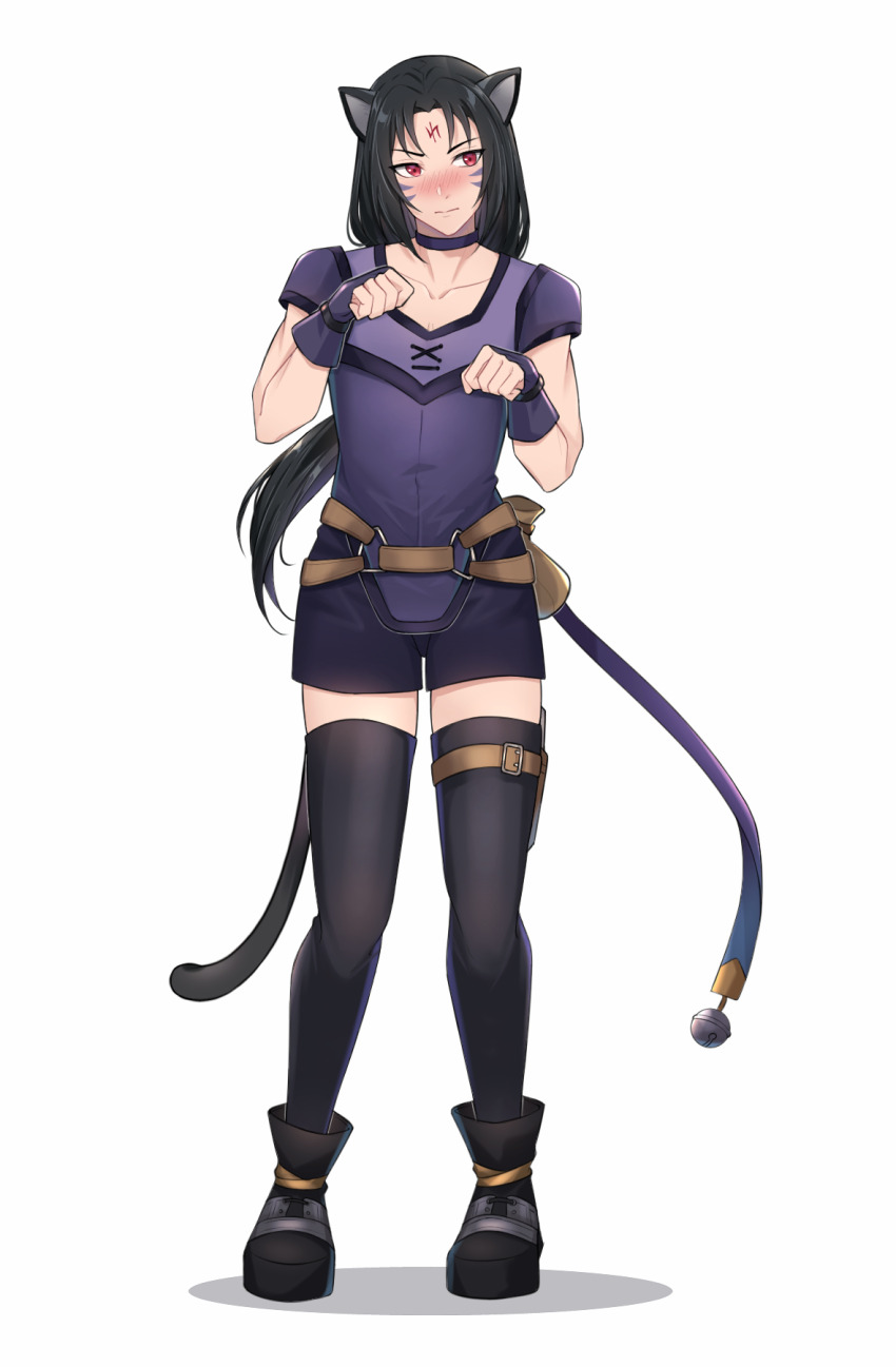 1boy alternate_costume animal_ears bell belt black_hair blush cat cat_boy cat_ears cat_tail closed_mouth collar commission commissioner_upload facepaint facial_mark fire_emblem fire_emblem:_path_of_radiance fire_emblem:_radiant_dawn gloves highres long_hair looking_to_the_side nintendo o-ring o-ring_belt paw_pose red_eyes solo soren_(fire_emblem) standing tail thigh_strap thighhighs whisker_markings white_background witchi