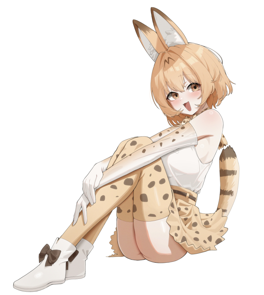 1girl :3 animal_ear_fluff animal_ears animal_print ass belt black_bow blonde_hair bow bowtie brown_belt brown_eyes cat_ears cat_tail commentary elbow_gloves english_commentary footwear_bow full_body gloves hair_intakes hands_on_own_legs highres kemono_friends looking_at_viewer open_mouth own_hands_together polka_dot polka_dot_bowtie polka_dot_skirt polka_dot_thighhighs serval_(kemono_friends) shirt short_hair simple_background sitting skirt sleeveless sleeveless_shirt smile solo tail thighhighs white_background white_footwear white_gloves white_shirt yamashiro_a370 yellow_bow yellow_bowtie yellow_skirt yellow_thighhighs zettai_ryouiki
