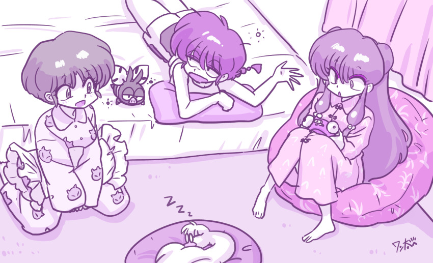 2boys 3girls animal artist_name bed bird braid braidl curtains double_bun duck genderswap genderswap_(mtf) glasses hair_bun hibiki_ryouga indoors long_hair looking_at_another lying monochrome mousse_(duck)_(ranma_1/2) mousse_(ranma_1/2) multiple_boys multiple_girls nightgown on_bed on_stomach open_mouth p-chan pig ranma-chan ranma_1/2 saotome_ranma shampoo shampoo_(ranma_1/2) short_hair sidelocks single_braid sitting tendou_akane wanta_(futoshi) wariza