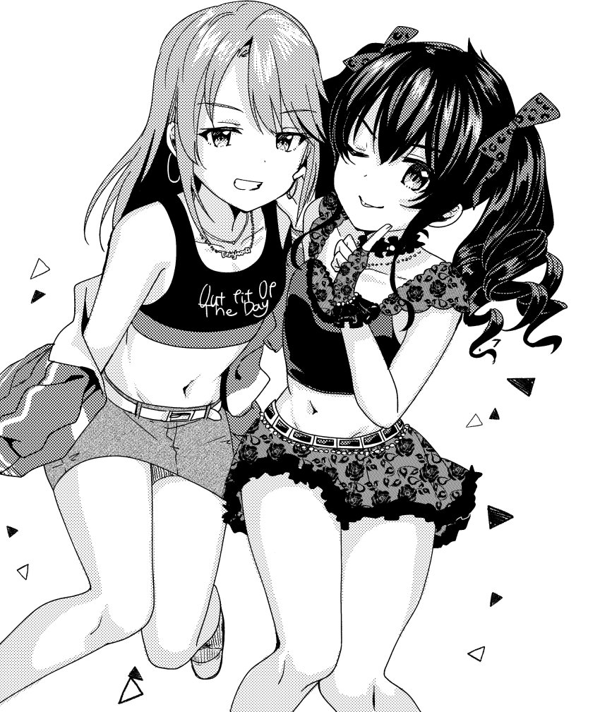 2girls ;p absurdres animal_print bad_id bad_twitter_id belt bow clothes_writing drill_hair earrings english_text fingerless_gloves floral_print gloves greyscale hair_bow hand_on_own_cheek hand_on_own_face highres ichiren_namiro idolmaster idolmaster_cinderella_girls index_finger_raised jacket jewelry lace lace_gloves lace_skirt leopard_print matoba_risa midriff monochrome multiple_girls navel necklace one_eye_closed print_bow print_gloves print_skirt skirt tank_top tongue tongue_out track_jacket twintails yuuki_haru