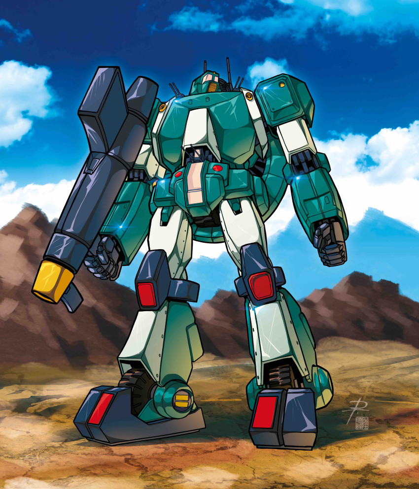 absurdres blue_sky cloud daniele_rudoni day glint gun highres holding holding_gun holding_weapon mecha outdoors pierucciniriccardo robot sentou_mecha_xabungle sky solo standing walker_gallia weapon