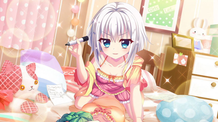 &gt;:) 2girls bare_shoulders bedroom blue_eyes bow braid breasts chest_of_drawers collarbone curtains dot_nose drawing_(object) dutch_angle film_grain frills game_cg girl_on_top green_hair holding holding_marker izumi_tsubasu lens_flare lined_paper lying marker medium_breasts multiple_girls nishidate_haku non-web_source note off_shoulder official_art on_back on_bed orange_bow pajamas paper parted_lips picture_frame pillow pink_pajamas polka_dot prank re:stage! shirokita_kuroha short_hair sidelocks small_breasts smile solo_focus spaghetti_strap sparkle straddling stuffed_animal stuffed_cat stuffed_rabbit stuffed_toy v-shaped_eyebrows white_hair yellow_pajamas