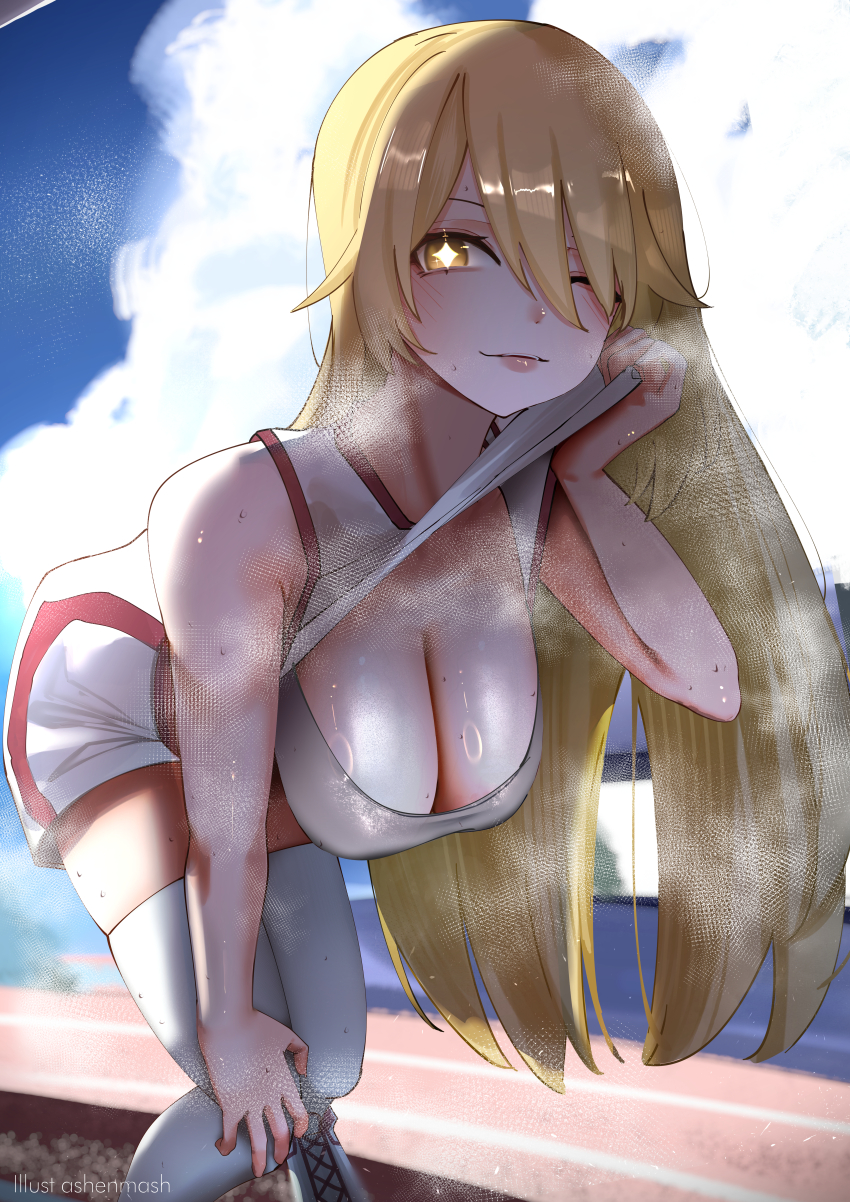1girl absurdres artist_name bent_over blonde_hair breasts cleavage commentary cyrilashnmsh gym_shirt gym_shorts hanging_breasts highres large_breasts long_hair looking_at_viewer one_eye_closed outdoors shirt shokuhou_misaki shorts sleeveless sleeveless_shirt solo sports_bra star-shaped_pupils star_(symbol) sweat symbol-shaped_pupils thighhighs toaru_kagaku_no_railgun toaru_kagaku_no_railgun_t toaru_majutsu_no_index tokiwadai_school_gym_uniform white_shirt white_shorts white_thighhighs wiping_sweat yellow_eyes
