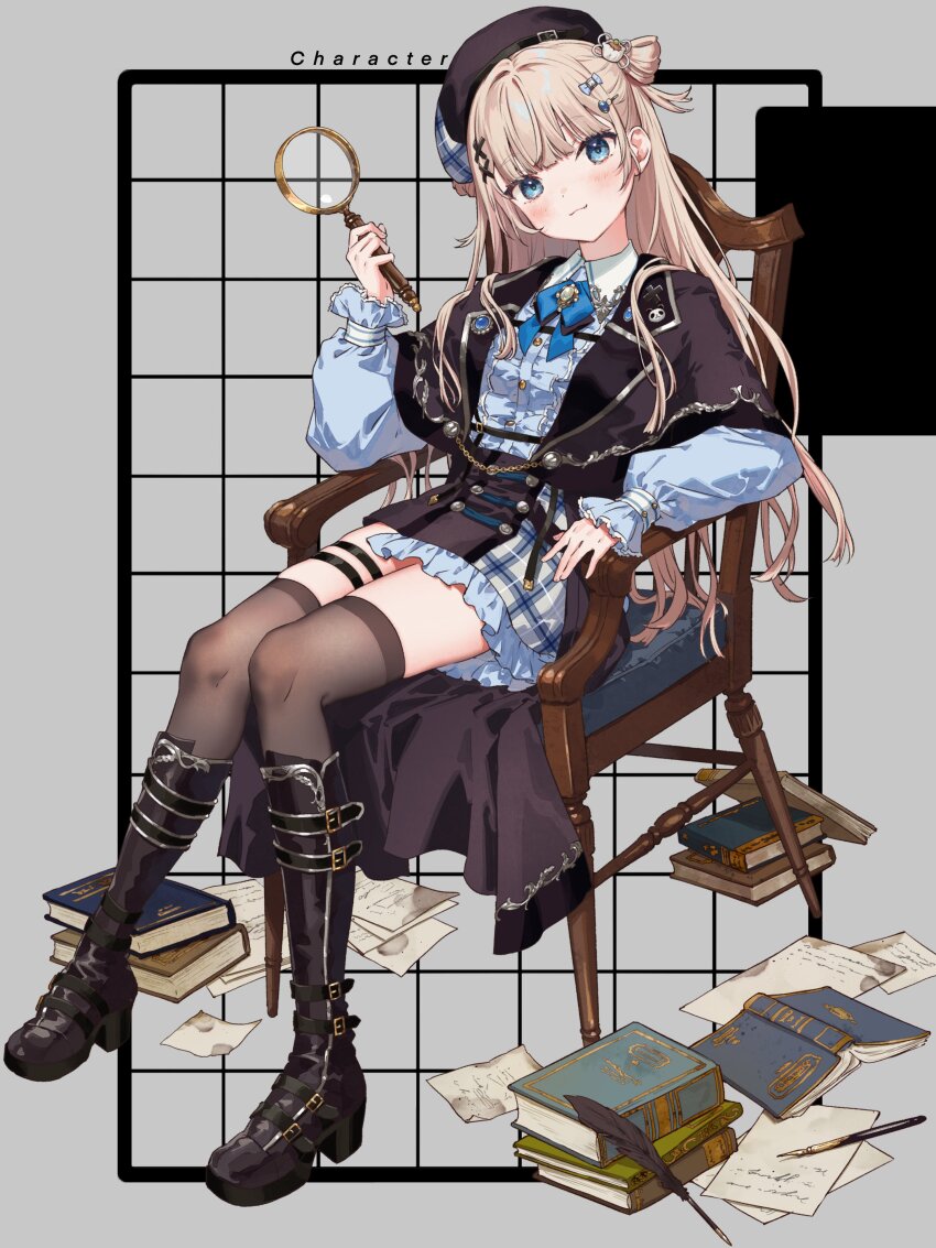 1girl absurdres black_boots black_hat black_skirt black_thighhighs blonde_hair blue_eyes blue_ribbon blue_shirt blue_skirt blunt_bangs book boots brooch capelet center_frills chair commentary_request frilled_skirt frills grey_background grid_background hair_rings half-skirt hat highres holding holding_magnifying_glass indie_virtual_youtuber jewelry knee_boots lapel_pin lapels long_hair looking_at_viewer magnifying_glass neck_ribbon nib_pen_(object) notched_lapels on_chair pen plaid_clothes plaid_hat plaid_skirt platform_boots puffy_sleeves quill ribbon second-party_source shirt shirt_tucked_in shoe_buckle sidelocks sitting skirt solo thigh_strap thighhighs two-tone_hat virtual_youtuber yayamugi_(vtuber) yutsumoe