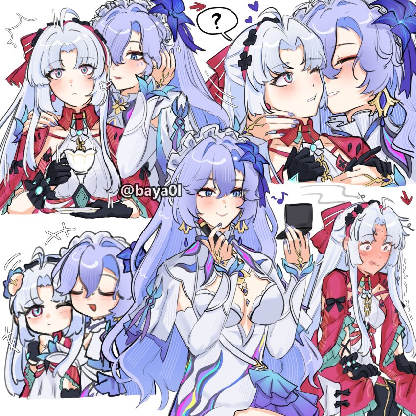 2girls ? after_kiss ahoge baya0l black_gloves blue_hair breasts cantarella_(wuthering_waves) carlotta_(wuthering_waves) chibi cleavage closed_mouth cosmetics dress embarrassed gloves grey_hair hair_between_eyes hand_mirror hashtag-only_commentary heart highres holding holding_lipstick_tube holding_mirror lipstick_mark lipstick_tube looking_at_another mirror multiple_girls multiple_views musical_note parted_lips simple_background smile spoken_question_mark twitter_username white_background white_dress wuthering_waves yuri