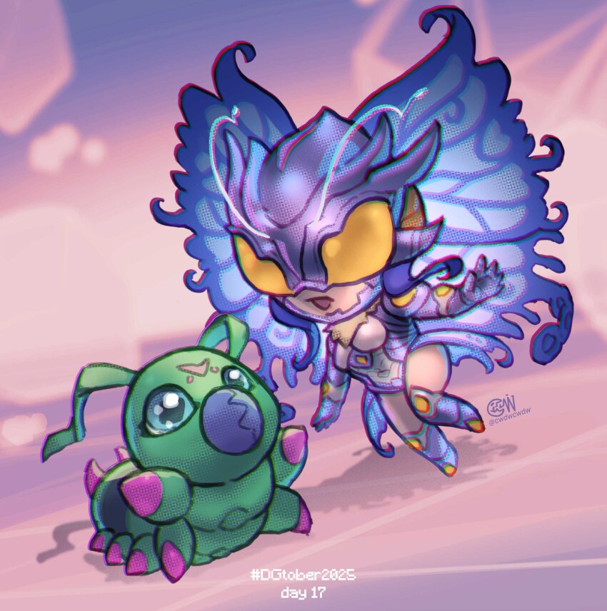 1boy 1girl absurdres breasts bug butterfly butterfly_wings caterpillar chibi chibi_only cwdw digimon digimon_(creature) digimon_story:_cyber_sleuth digimon_story:_cyber_sleuth_hacker&#039;s_memory eyewear_on_head fur_collar helmet highres hudiemon insect insect_wings large_breasts leotard monster monster_girl shoulder_pads skirt thick_thighs thighhighs thighs wings worm wormmon