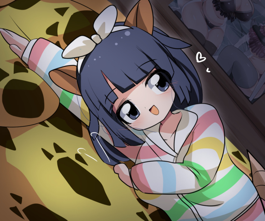 1girl armadillo_ears armadillo_tail black_eyes black_hair blunt_bangs blush bow commentary_request dutch_angle giant_armadillo_(kemono_friends) heart kemono_friends kemono_friends_3 lets0020 looking_at_viewer lying medium_hair multicolored_stripes on_bed on_side open_mouth smile solo striped_clothes striped_sweater sweater upper_body white_bow white_sweater