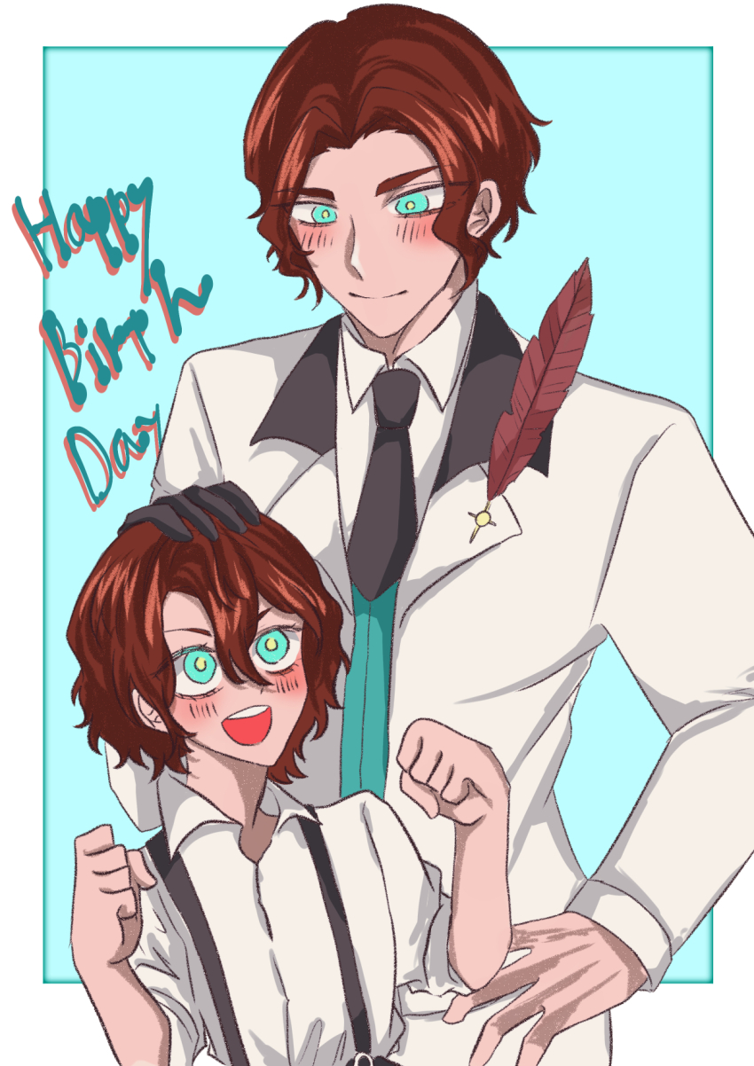 2boys aged_down black_gloves black_jacket black_necktie black_pants black_suspenders blue_eyes blue_vest blush brown_hair clenched_hands closed_mouth collared_shirt cropped_torso curly_hair dual_persona feathers fist_up formal_clothes gloves hair_between_eyes hand_on_another&#039;s_head hand_on_own_hip hands_up happy_birthday highres jacket looking_at_another male_focus multiple_boys necktie nikola_tesla_(shuumatsu_no_valkyrie) one_glove open_mouth pants red_feathers shirt short_hair shuumatsu_no_valkyrie simple_background single_glove smile suspenders teeth two-sided_fabric upper_body upper_teeth_only vest white_jacket