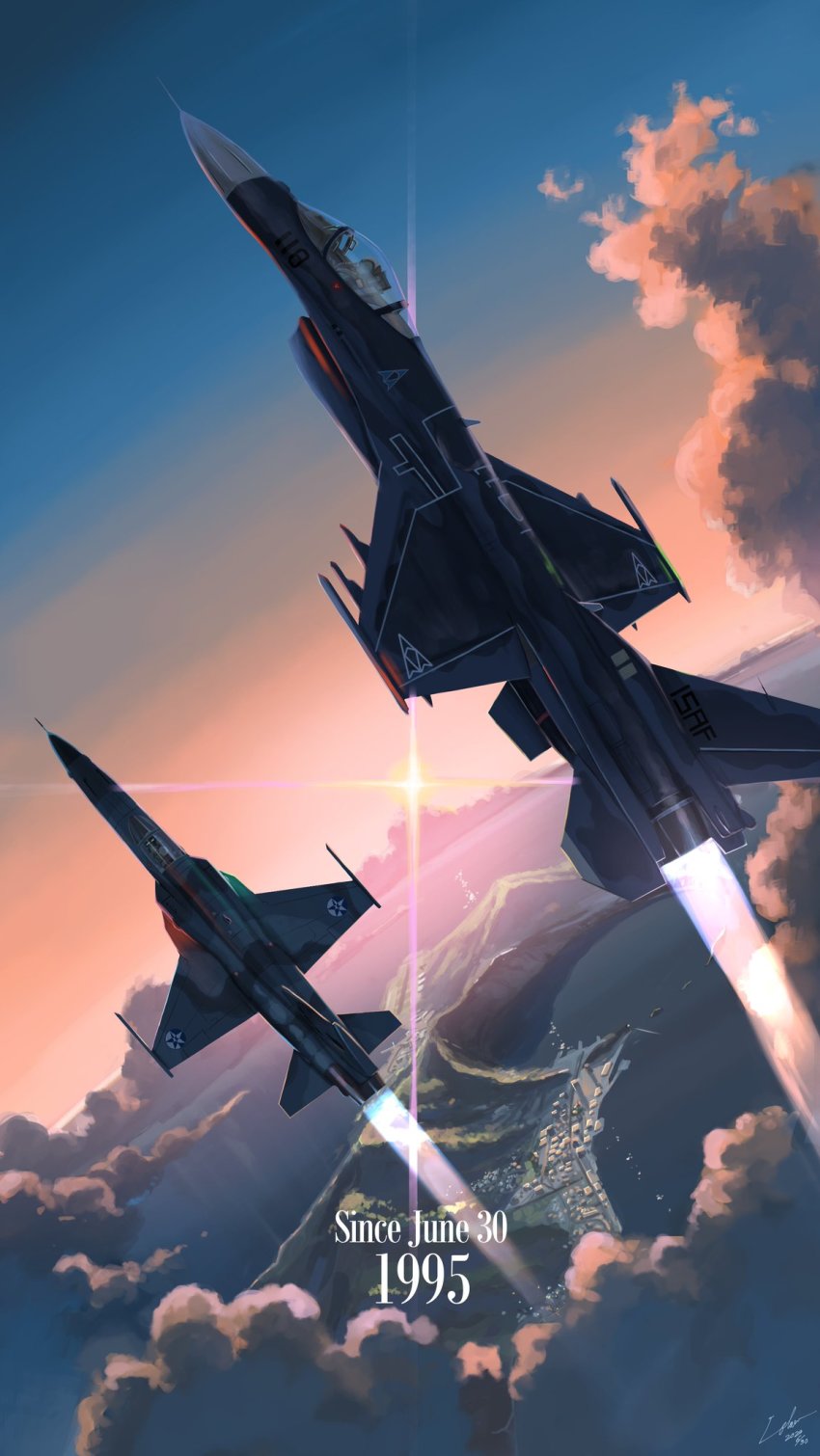 ace_combat ace_combat_04 ace_combat_5 afterburner aircraft airplane anniversary blaze_(ace_combat) city cloud crater emblem f-20 f-20_tigershark fighter_jet highres isaf island laminar_flow md5_mismatch military military_vehicle mitsubishi_f-2 mobius_1 resolution_mismatch source_larger sun sunset