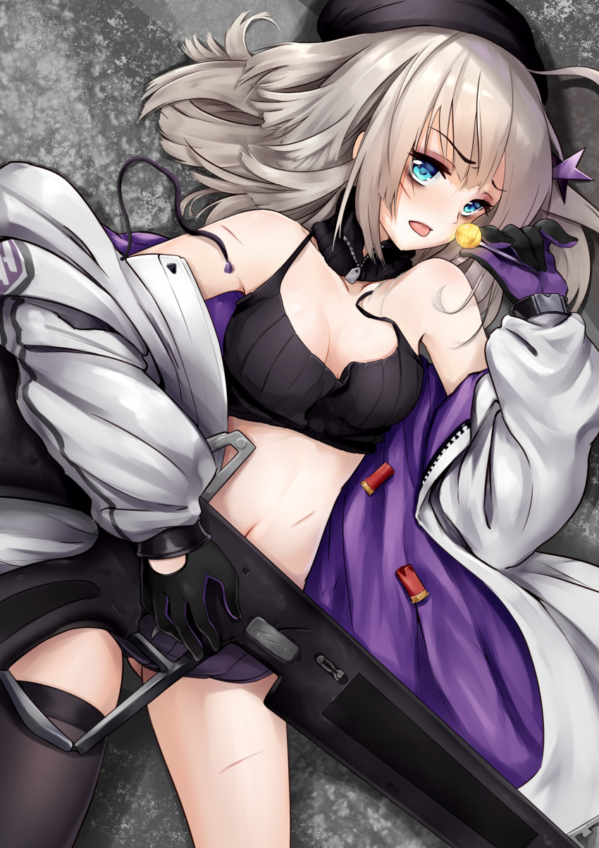 1girl aa-12 aa-12_(girls&#039;_frontline) automatic_shotgun bags_under_eyes black_gloves black_tank_top black_thighhighs blue_eyes bullet candy combat_shotgun food girls&#039;_frontline gloves grey_hair gun hair_ornament hairclip highres jacket lollipop long_hair looking_at_viewer lying midriff navel short_shorts shorts shotgun shotgun_shell solo spica_(starlitworks) star_(symbol) tank_top thighhighs thighs tongue tongue_out weapon white_jacket
