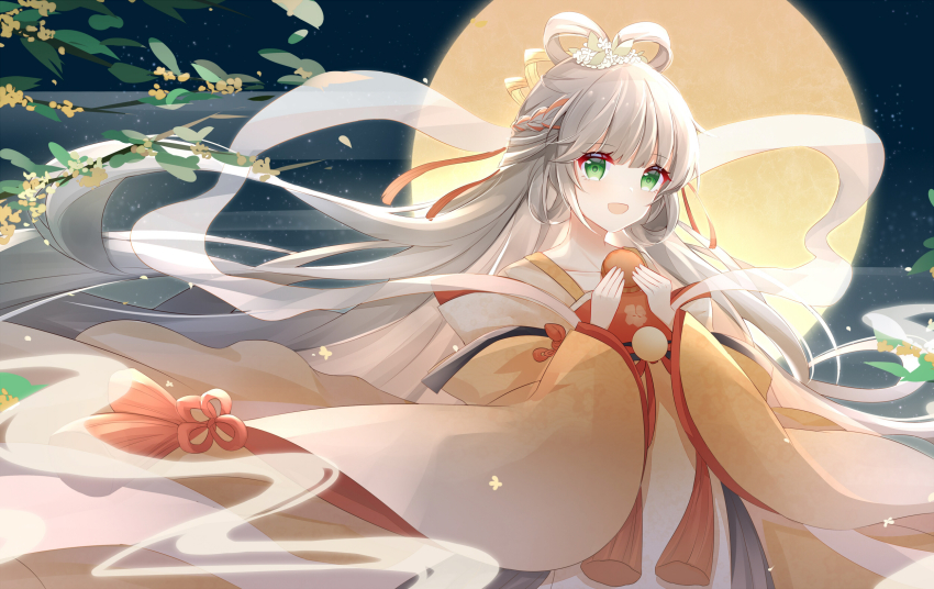 1girl branch chinese_clothes chinese_commentary commentary drsn floating_hair food full_moon green_eyes grey_hair hagoromo hair_rings highres holding holding_food long_hair looking_at_viewer luo_tianyi mid-autumn_festival moon mooncake night night_sky open_mouth orange_robe outdoors robe shawl sky smile solo standing star_(sky) tassel twintails upper_body very_long_hair vocaloid vsinger_(vocaloid) wide_sleeves
