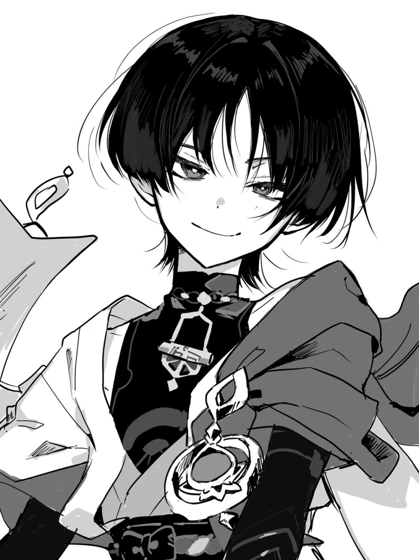 1boy blunt_ends bodysuit bridal_gauntlets buku2_suisou cape collarbone genshin_impact hair_between_eyes hair_intakes head_tilt highres japanese_clothes kimono layered_clothes layered_kimono layered_sleeves looking_at_viewer loose_hair_strand male_focus mandarin_collar monochrome open_clothes open_kimono parted_bangs scaramouche_(genshin_impact) short_sleeves shoulder_peek smile solo upper_body vision_(genshin_impact) wanderer_(genshin_impact) white_background