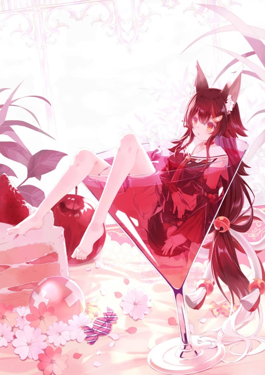 1girl 54hao animal_ear_fluff animal_ears barefoot bell black_hair black_shirt black_skirt black_sleeves cake cake_slice cherry cocktail_glass commentary cup detached_sleeves drink drinking_glass flower food fruit hair_bell hair_between_eyes hair_ornament highres hololive jingle_bell knees_up long_hair long_sleeves mini_person minigirl multicolored_hair ookami_mio ookami_mio_(1st_costume) partially_submerged petals pleated_skirt red_eyes red_hair sailor_collar shirt skirt sleeveless sleeveless_shirt solo streaked_hair tail very_long_hair virtual_youtuber white_flower white_sailor_collar wolf_ears wolf_girl wolf_tail