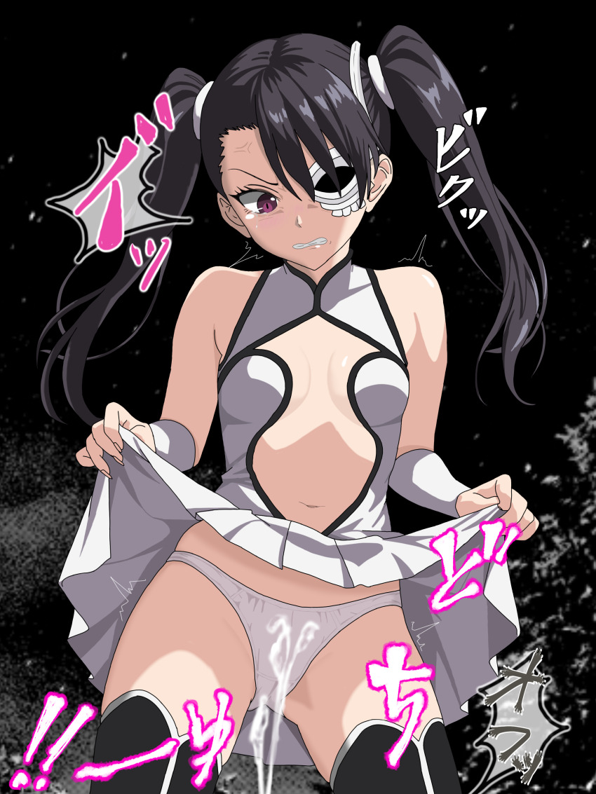 ! !! 1girl absurdres anger_vein angry arm_warmers arrancar bare_shoulders black_background black_hair black_thighhighs bleach blush breasts breasts_apart cameltoe clenched_teeth clothes_lift commentary_request cowboy_shot crotch_seam crying crying_with_eyes_open cum disgust ejaculation eyelashes glaring gluteal_fold hair_over_one_eye hetero highres hollow_mask lifting_own_clothes loly_aivirrne long_hair looking_down maru_(asroc7233) miniskirt navel one_eye_covered panties pleated_skirt presenting purple_eyes shirt simple_background skirt skirt_lift sleeveless sleeveless_shirt small_breasts solo sound_effects speech_bubble surprised tears teeth thighhighs thighs translated tsurime twintails twitching underwear v-shaped_eyebrows variant_set wavy_mouth white_arm_warmers white_panties white_shirt